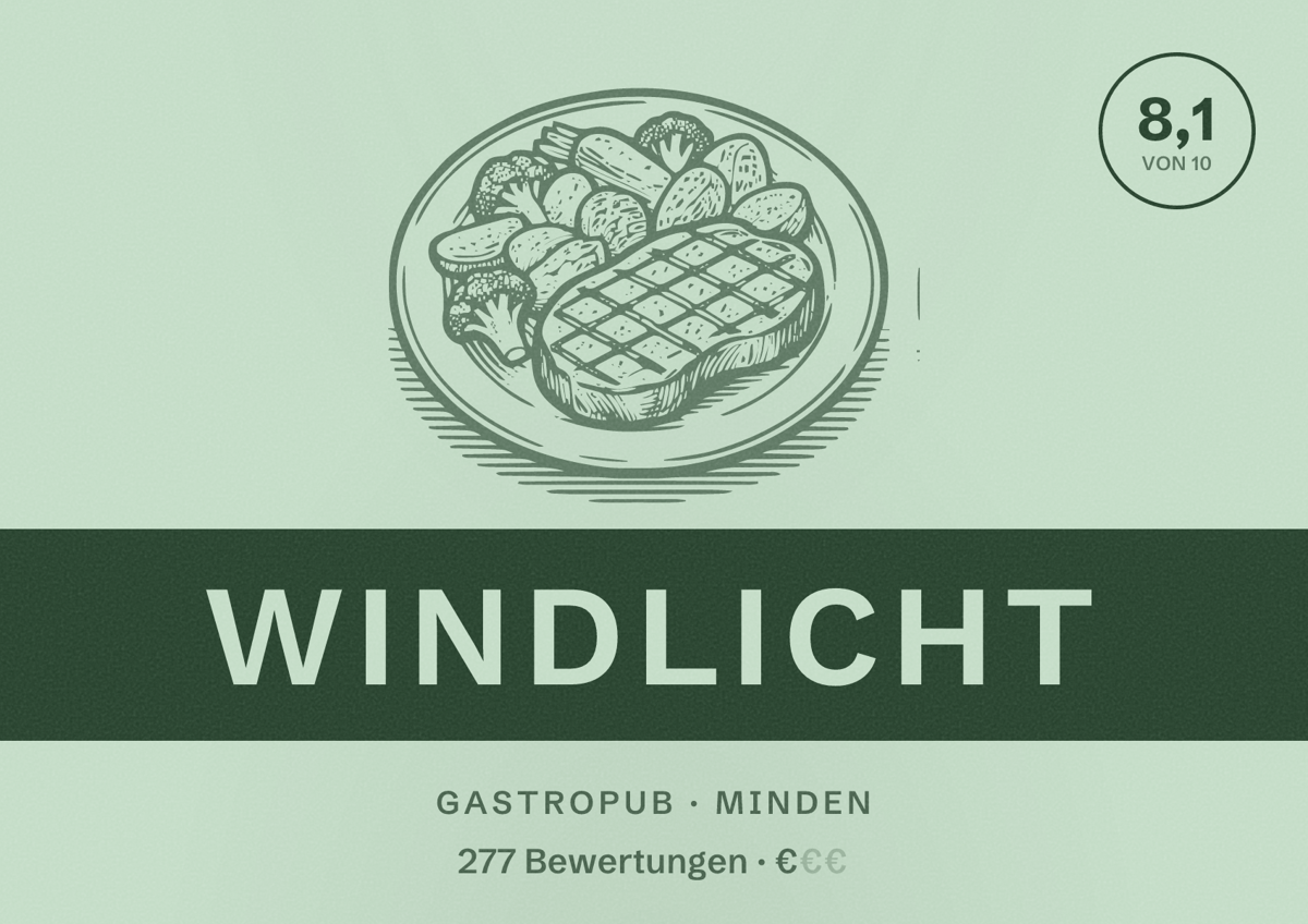 Illustriertes Poster von Windlicht, Gastropub in Minden: Bewertung 8,1 von 10 aus 277 Bewertungen, Preisniveau €