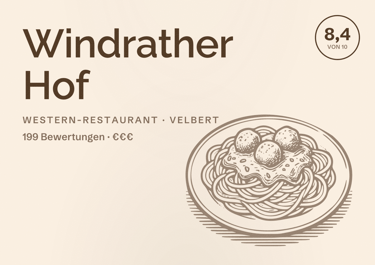 Illustriertes Poster von Windrather Hof, Western-Restaurant in Velbert: Bewertung 8,4 von 10 aus 199 Bewertungen, Preisniveau €€€