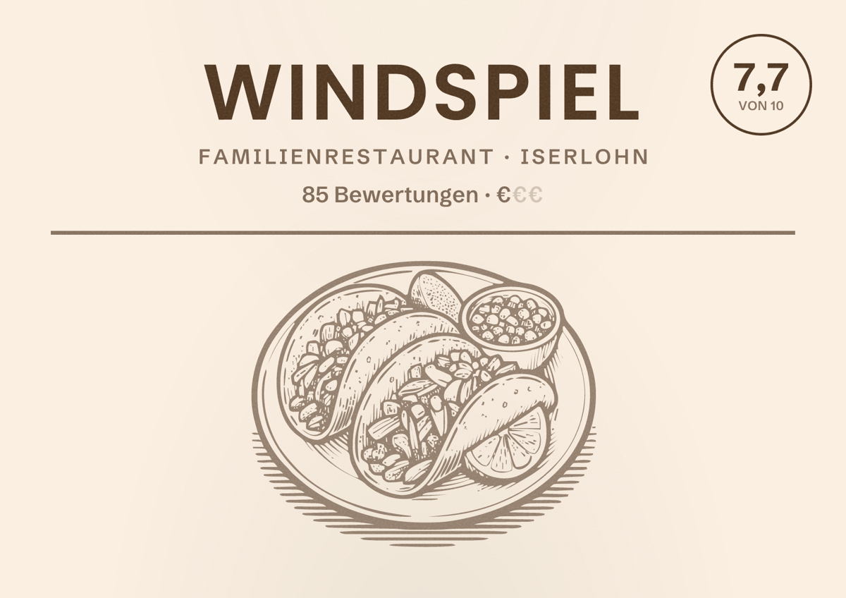 Illustriertes Poster von Windspiel, Familienrestaurant in Iserlohn: Bewertung 7,7 von 10 aus 85 Bewertungen, Preisniveau €