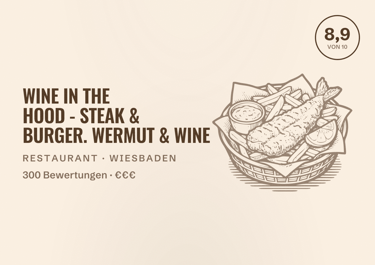 Illustriertes Poster von WINE IN THE HOOD - STEAK & BURGER. WERMUT & WINE, Restaurant in Wiesbaden: Bewertung 8,9 von 10 aus 300 Bewertungen, Preisniveau €€€