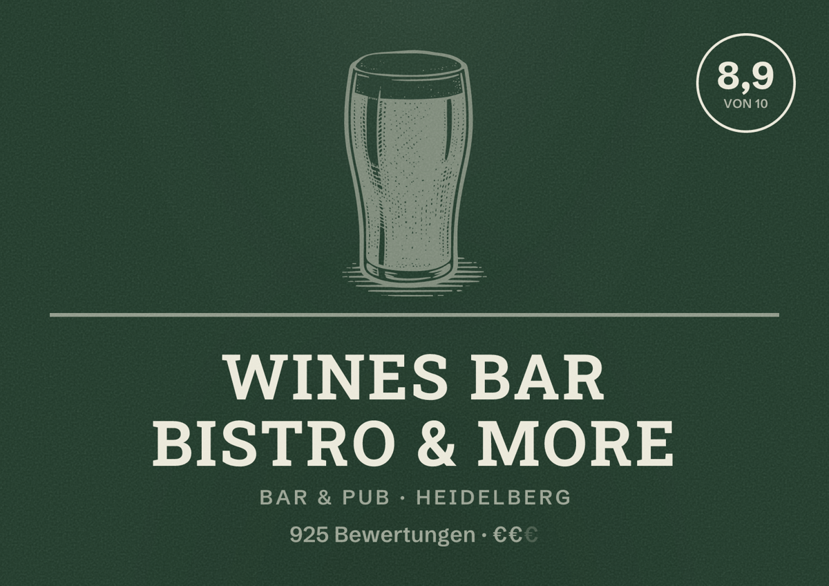 Illustriertes Poster von WINEs Bar Bistro & more, Bar & Pub in Heidelberg: Bewertung 8,9 von 10 aus 925 Bewertungen, Preisniveau €€