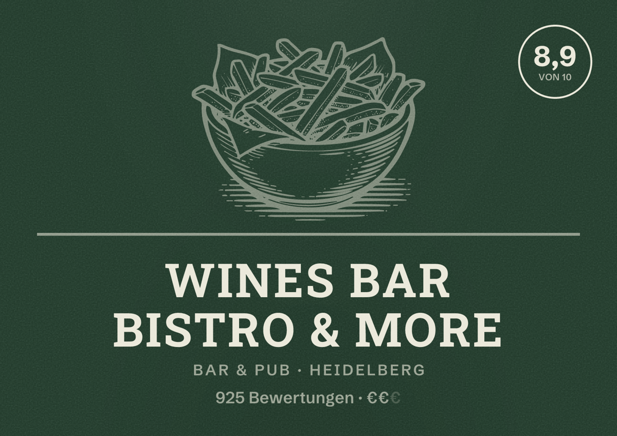 Illustriertes Poster von WINEs Bar Bistro & more, Bar & Pub in Heidelberg: Bewertung 8,9 von 10 aus 925 Bewertungen, Preisniveau €€