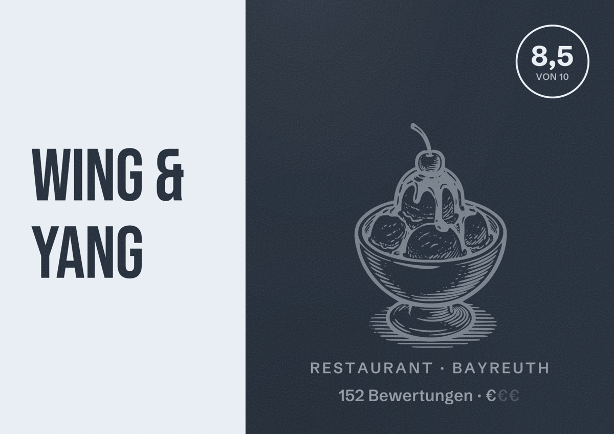 Illustriertes Poster von Wing & Yang, Restaurant in Bayreuth: Bewertung 8,5 von 10 aus 152 Bewertungen, Preisniveau €