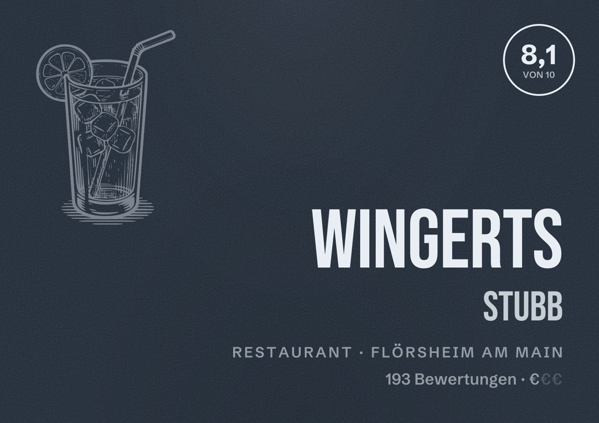 Illustriertes Poster von Wingerts Stubb, Restaurant in Flörsheim am Main: Bewertung 8,1 von 10 aus 193 Bewertungen, Preisniveau €