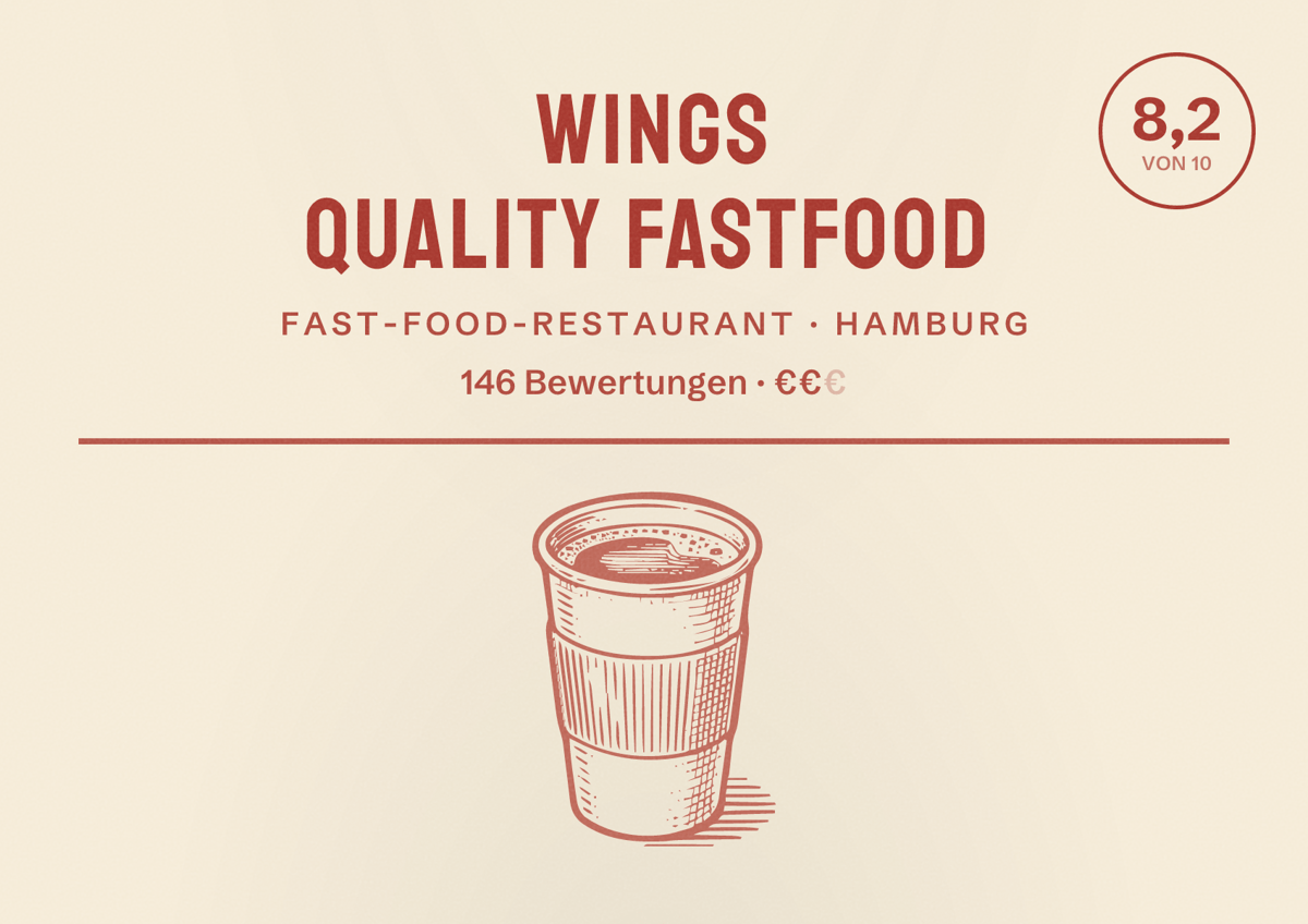 Illustriertes Poster von Wings Quality Fastfood, Fast-Food-Restaurant in Hamburg: Bewertung 8,2 von 10 aus 146 Bewertungen, Preisniveau €€