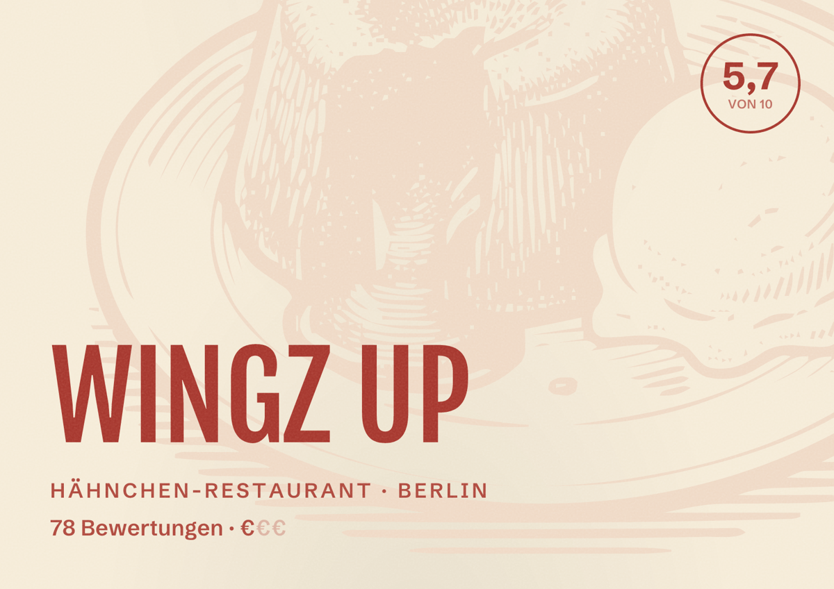 Illustriertes Poster von WINGZ UP, Hähnchen-Restaurant in Berlin: Bewertung 5,7 von 10 aus 78 Bewertungen, Preisniveau €