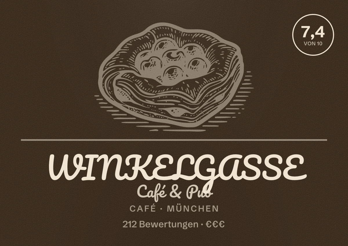 Illustriertes Poster von WINKELGASSE Café & Pub, Café in München: Bewertung 7,4 von 10 aus 212 Bewertungen, Preisniveau €€€