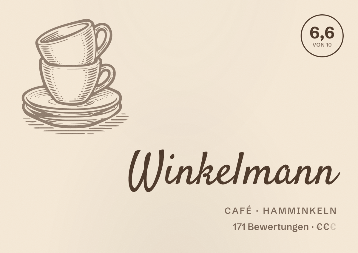 Illustriertes Poster von Winkelmann, Café in Hamminkeln: Bewertung 6,6 von 10 aus 171 Bewertungen, Preisniveau €€