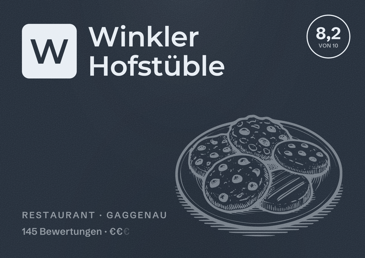 Illustriertes Poster von Winkler Hofstüble, Restaurant in Gaggenau: Bewertung 8,2 von 10 aus 145 Bewertungen, Preisniveau €€