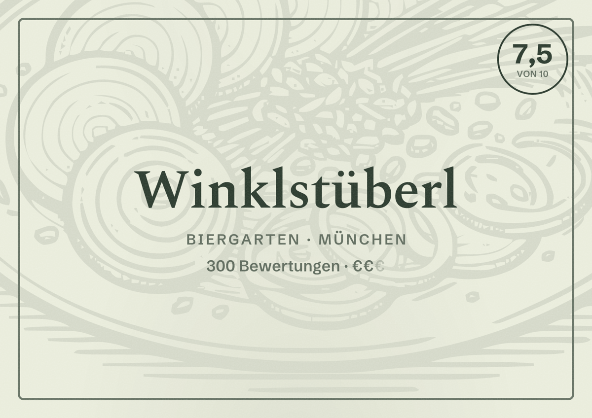 Illustriertes Poster von Winklstüberl, Biergarten in München: Bewertung 7,5 von 10 aus 300 Bewertungen, Preisniveau €€