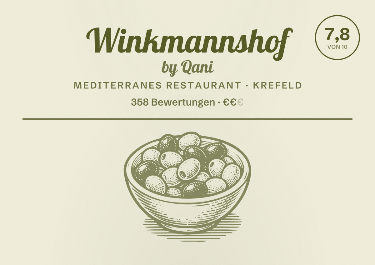 Illustriertes Poster von Winkmannshof by Qani, Mediterranes Restaurant in Krefeld: Bewertung 7,8 von 10 aus 358 Bewertungen, Preisniveau €€