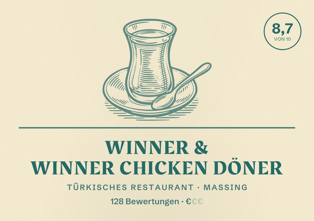 Illustriertes Poster von Winner & Winner Chicken Döner, Türkisches Restaurant in Massing: Bewertung 8,7 von 10 aus 128 Bewertungen, Preisniveau €