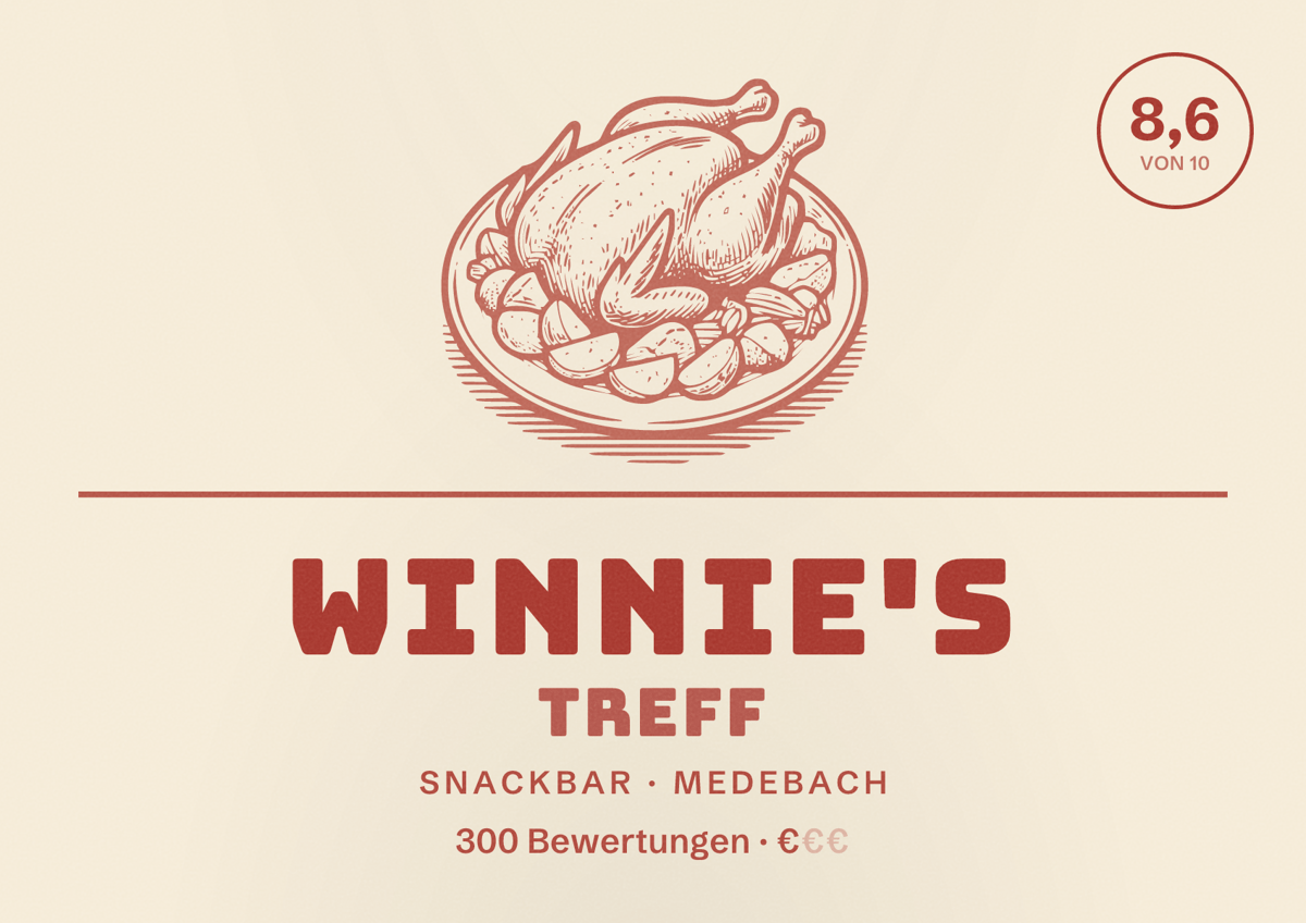 Illustriertes Poster von Winnie's Treff, Snackbar in Medebach: Bewertung 8,6 von 10 aus 300 Bewertungen, Preisniveau €