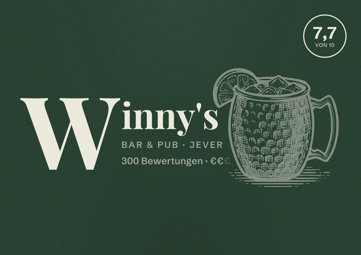 Illustriertes Poster von Winny's, Bar & Pub in Jever: Bewertung 7,7 von 10 aus 300 Bewertungen, Preisniveau €€