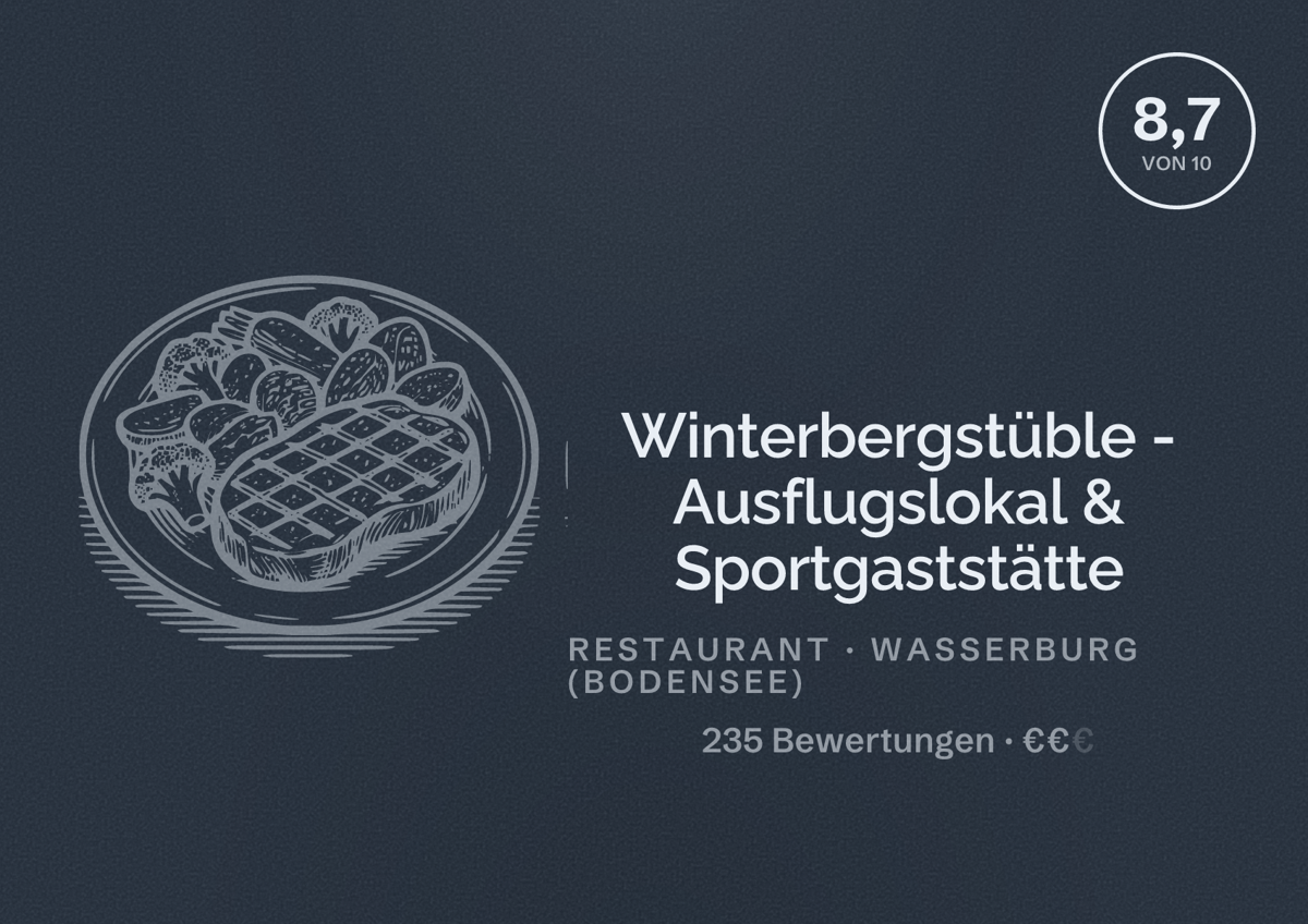 Illustriertes Poster von Winterbergstüble - Ausflugslokal & Sportgaststätte, Restaurant in Wasserburg (Bodensee): Bewertung 8,7 von 10 aus 235 Bewertungen, Preisniveau €€