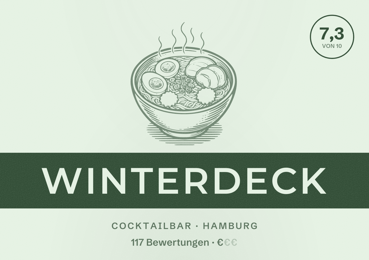 Illustriertes Poster von Winterdeck, Cocktailbar in Hamburg: Bewertung 7,3 von 10 aus 117 Bewertungen, Preisniveau €