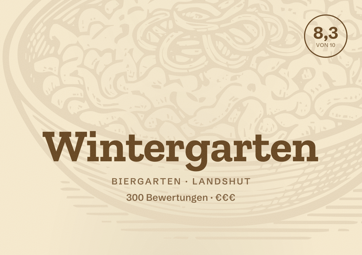 Illustriertes Poster von Wintergarten, Biergarten in Landshut: Bewertung 8,3 von 10 aus 300 Bewertungen, Preisniveau €€€