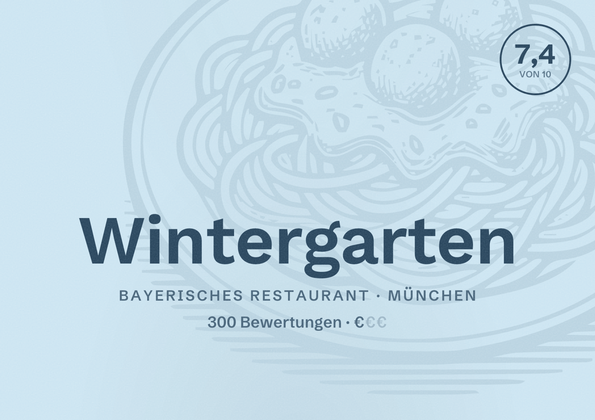 Illustriertes Poster von Wintergarten, Bayerisches Restaurant in München: Bewertung 7,4 von 10 aus 300 Bewertungen, Preisniveau €