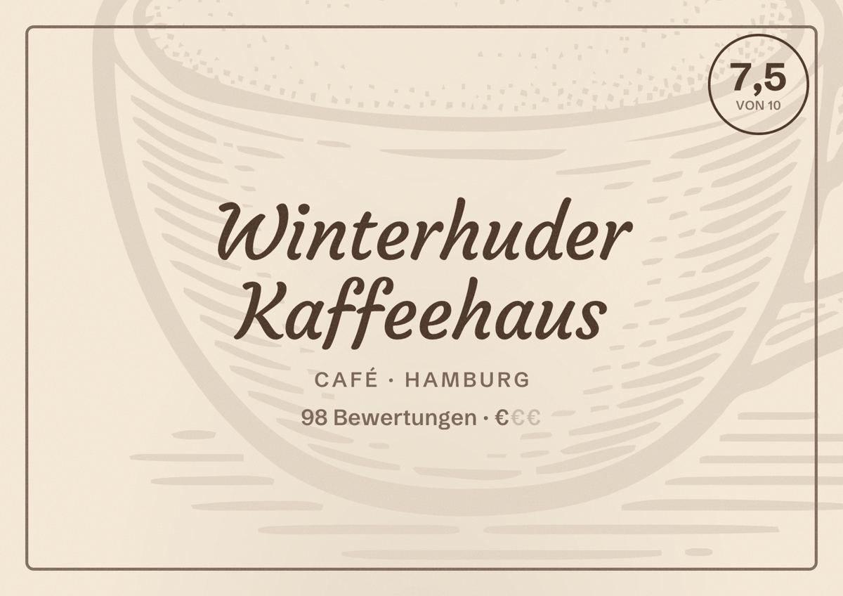 Illustriertes Poster von Winterhuder Kaffeehaus, Café in Hamburg: Bewertung 7,5 von 10 aus 98 Bewertungen, Preisniveau €