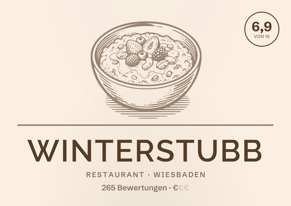 Illustriertes Poster von Winterstubb, Restaurant in Wiesbaden: Bewertung 6,9 von 10 aus 265 Bewertungen, Preisniveau €