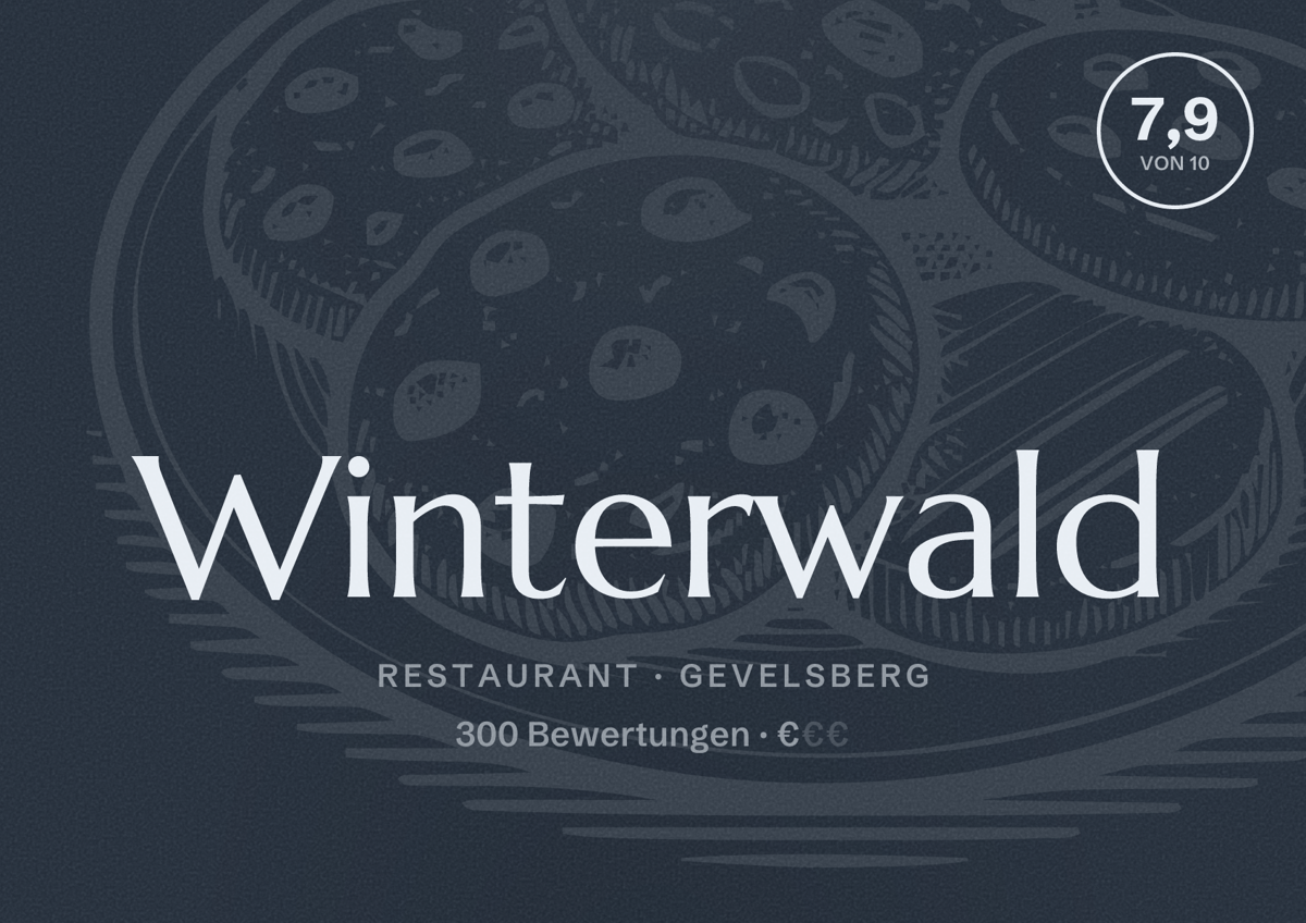 Illustriertes Poster von Winterwald, Restaurant in Gevelsberg: Bewertung 7,9 von 10 aus 300 Bewertungen, Preisniveau €