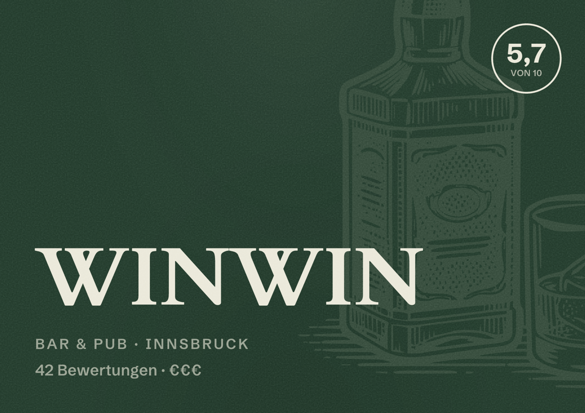 Illustriertes Poster von WINWIN, Bar & Pub in Innsbruck: Bewertung 5,7 von 10 aus 42 Bewertungen, Preisniveau €€€