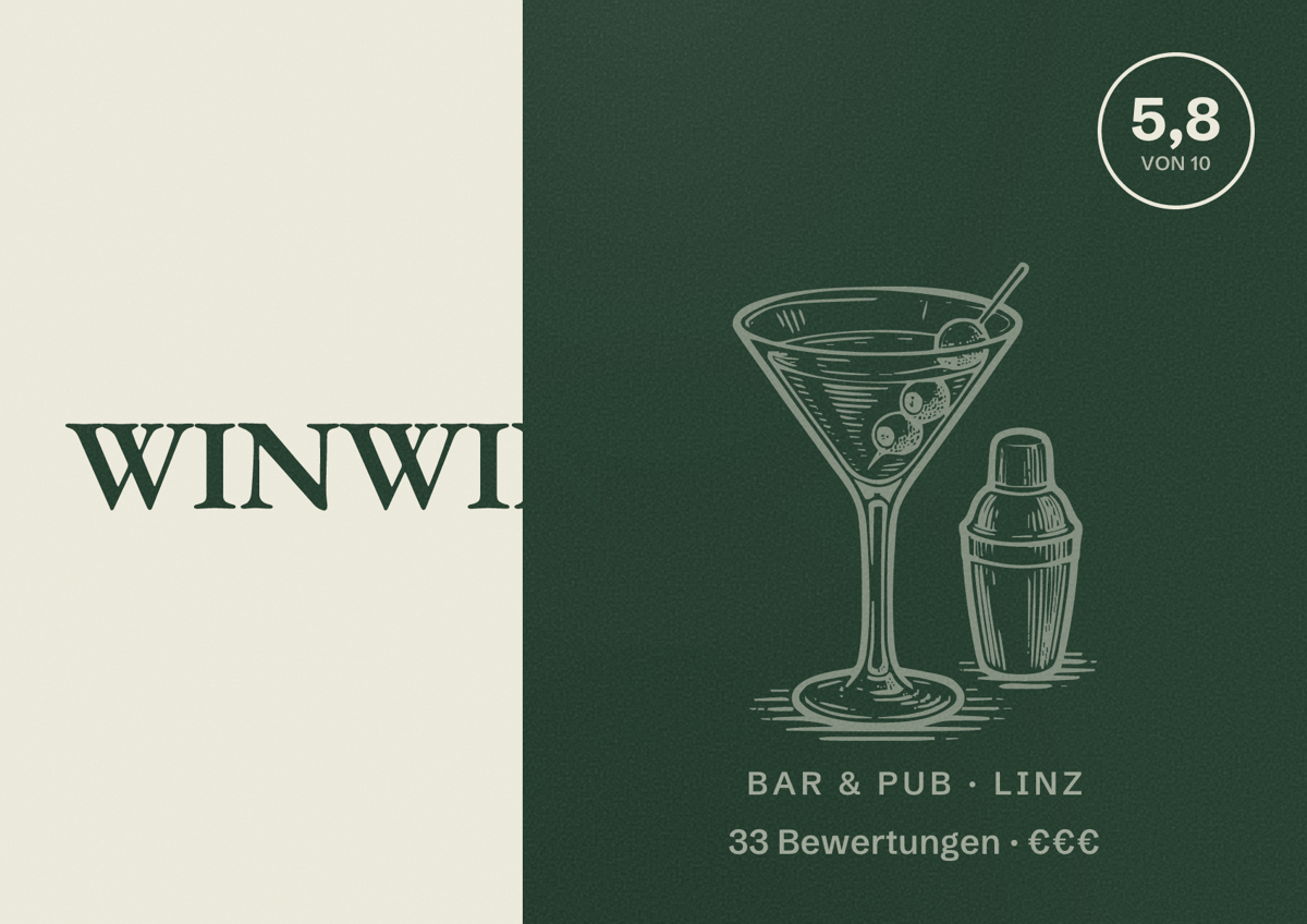 Illustriertes Poster von WINWIN, Bar & Pub in Linz: Bewertung 5,8 von 10 aus 33 Bewertungen, Preisniveau €€€