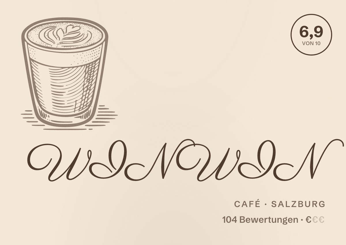Illustriertes Poster von WINWIN, Café in Salzburg: Bewertung 6,9 von 10 aus 104 Bewertungen, Preisniveau €