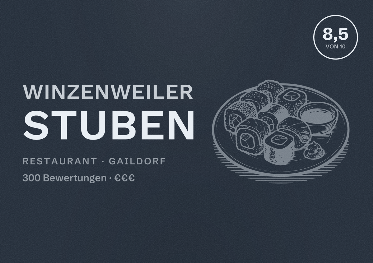 Illustriertes Poster von Winzenweiler Stuben, Restaurant in Gaildorf: Bewertung 8,5 von 10 aus 300 Bewertungen, Preisniveau €€€