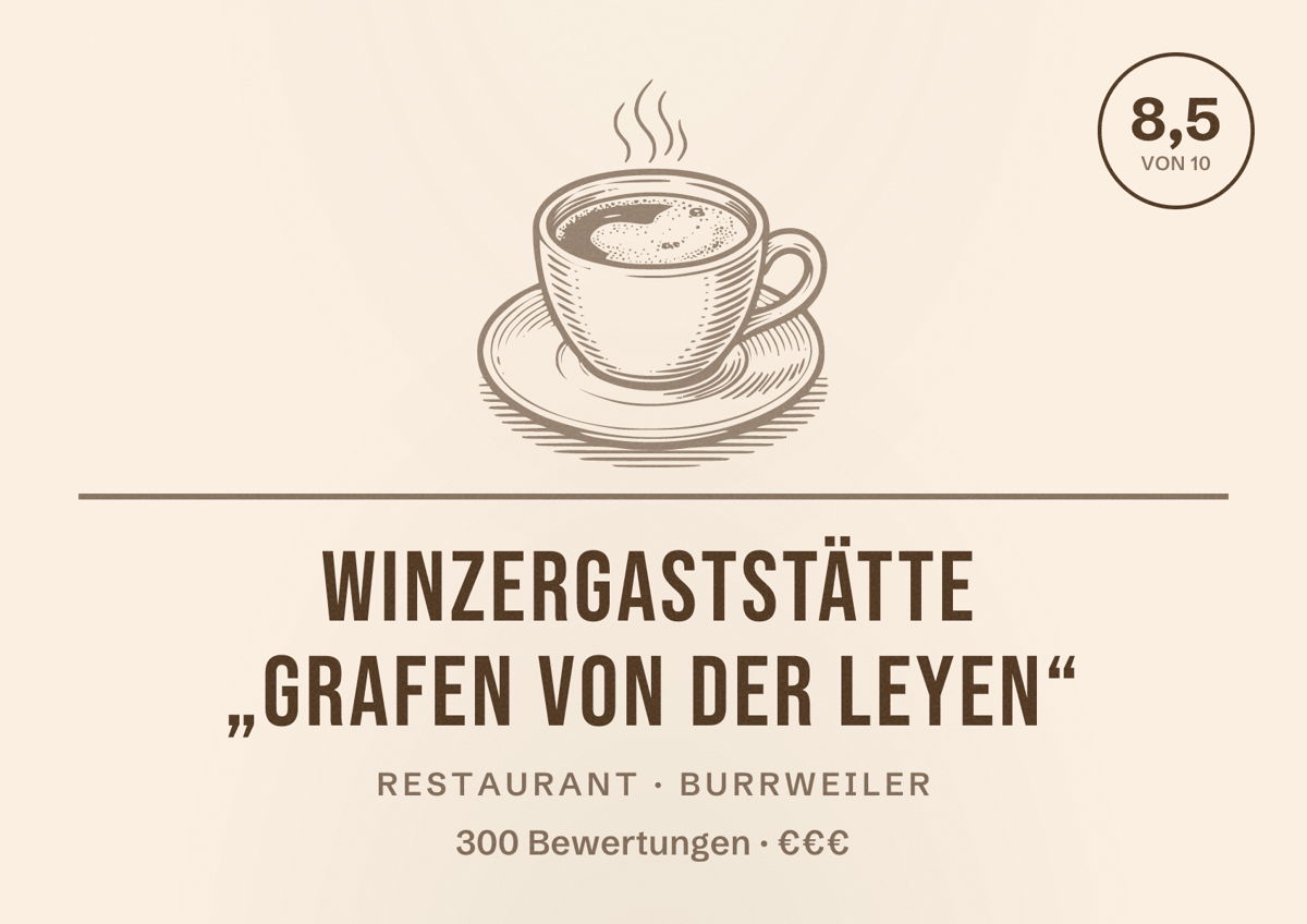Illustriertes Poster von Winzergaststätte „Grafen von der Leyen“, Restaurant in Burrweiler: Bewertung 8,5 von 10 aus 300 Bewertungen, Preisniveau €€€