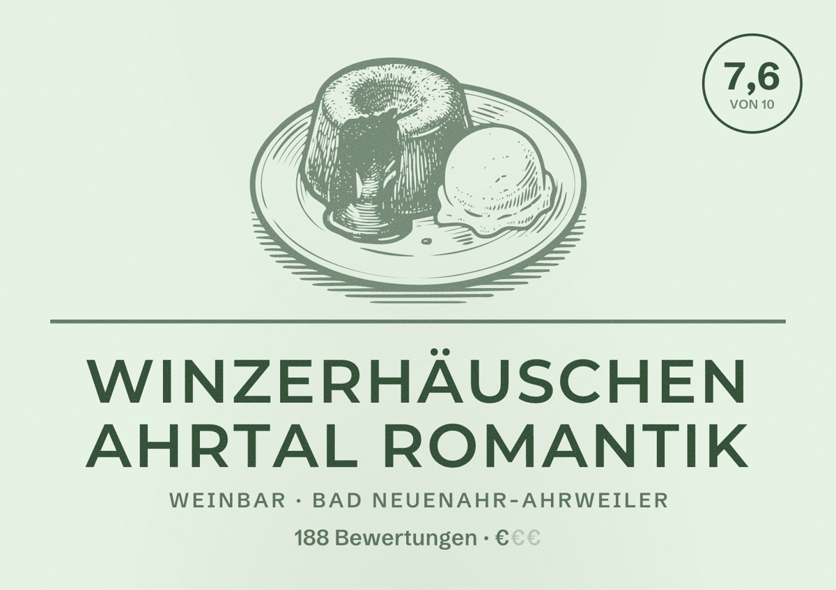 Illustriertes Poster von Winzerhäuschen Ahrtal Romantik, Weinbar in Bad Neuenahr-Ahrweiler: Bewertung 7,6 von 10 aus 188 Bewertungen, Preisniveau €