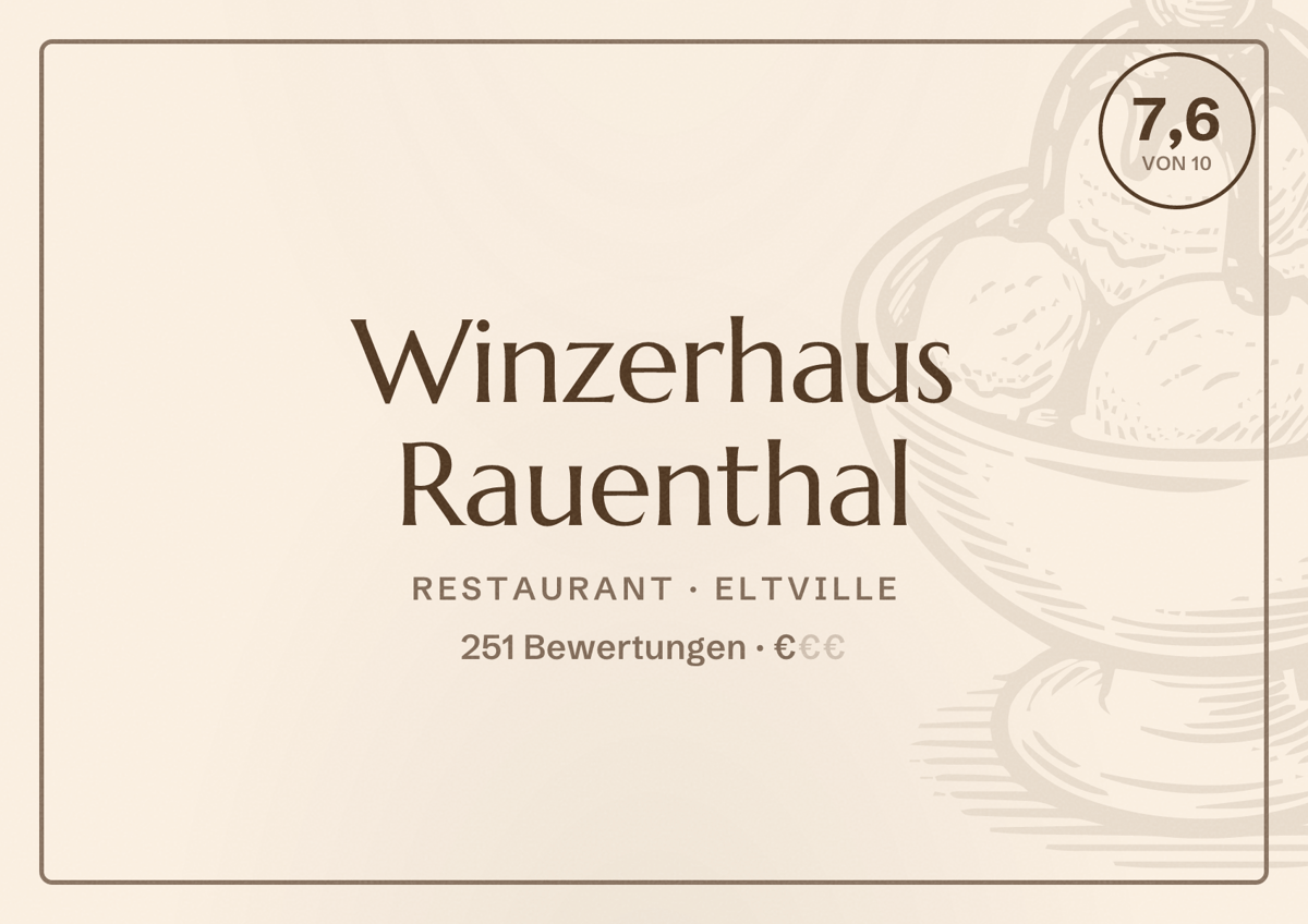 Illustriertes Poster von Winzerhaus Rauenthal, Restaurant in Eltville: Bewertung 7,6 von 10 aus 251 Bewertungen, Preisniveau €