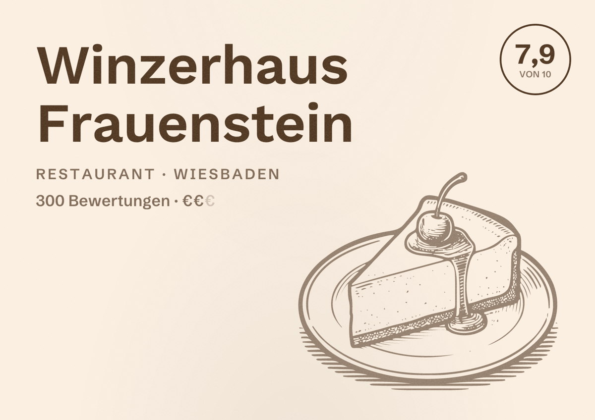 Illustriertes Poster von Winzerhaus Frauenstein, Restaurant in Wiesbaden: Bewertung 7,9 von 10 aus 300 Bewertungen, Preisniveau €€