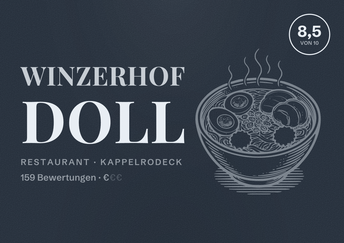 Illustriertes Poster von Winzerhof Doll, Restaurant in Kappelrodeck: Bewertung 8,5 von 10 aus 159 Bewertungen, Preisniveau €