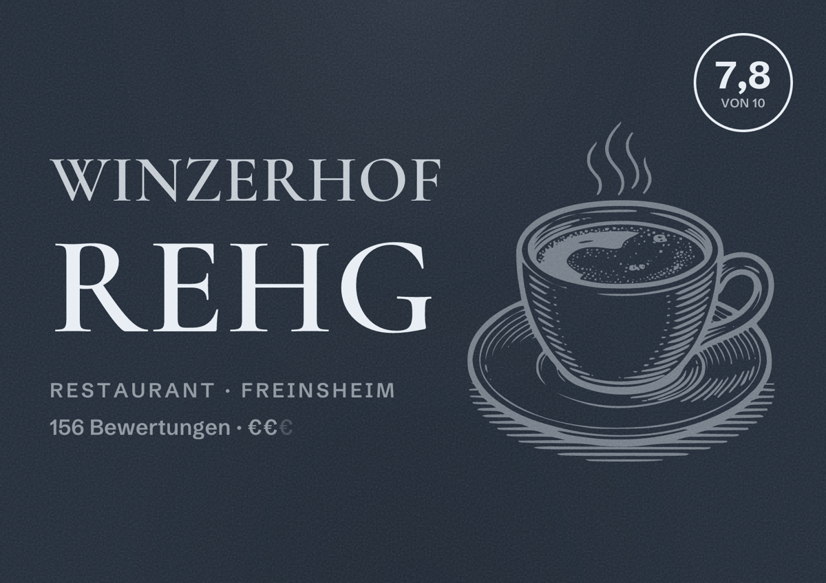 Illustriertes Poster von Winzerhof Rehg, Restaurant in Freinsheim: Bewertung 7,8 von 10 aus 156 Bewertungen, Preisniveau €€