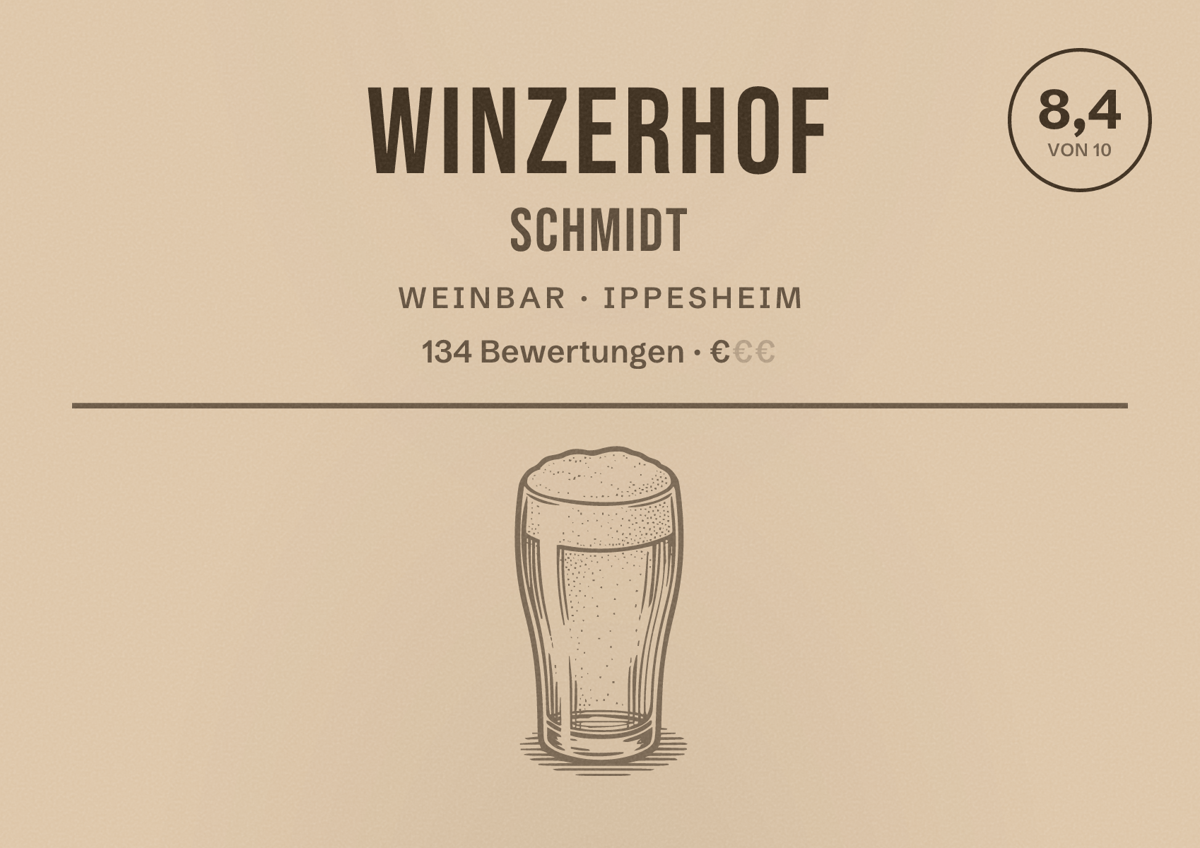 Illustriertes Poster von Winzerhof Schmidt, Weinbar in Ippesheim: Bewertung 8,4 von 10 aus 134 Bewertungen, Preisniveau €