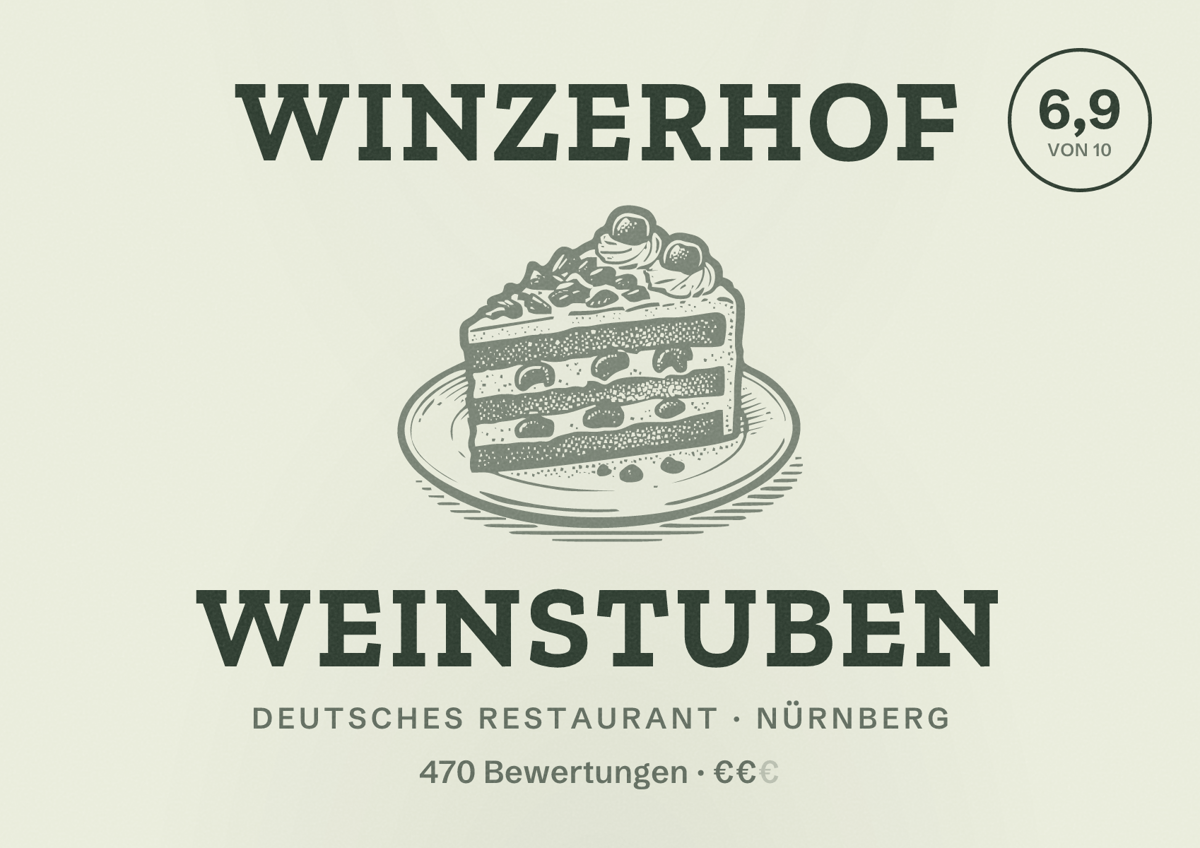 Illustriertes Poster von Winzerhof Weinstuben, Deutsches Restaurant in Nürnberg: Bewertung 6,9 von 10 aus 470 Bewertungen, Preisniveau €€