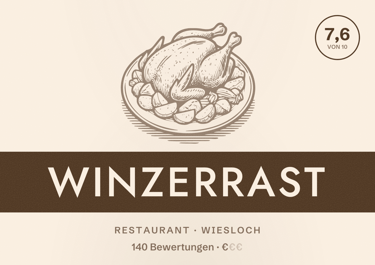 Illustriertes Poster von Winzerrast, Restaurant in Wiesloch: Bewertung 7,6 von 10 aus 140 Bewertungen, Preisniveau €