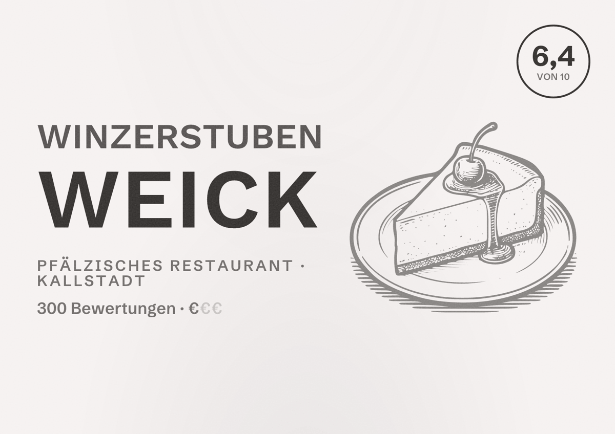 Illustriertes Poster von Winzerstuben Weick, Pfälzisches Restaurant in Kallstadt: Bewertung 6,4 von 10 aus 300 Bewertungen, Preisniveau €