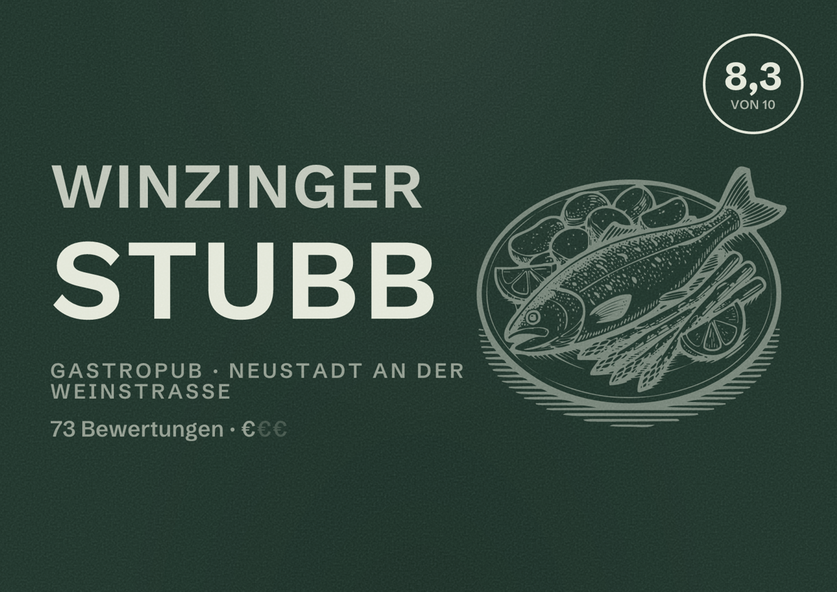 Illustriertes Poster von Winzinger Stubb, Gastropub in Neustadt an der Weinstraße: Bewertung 8,3 von 10 aus 73 Bewertungen, Preisniveau €