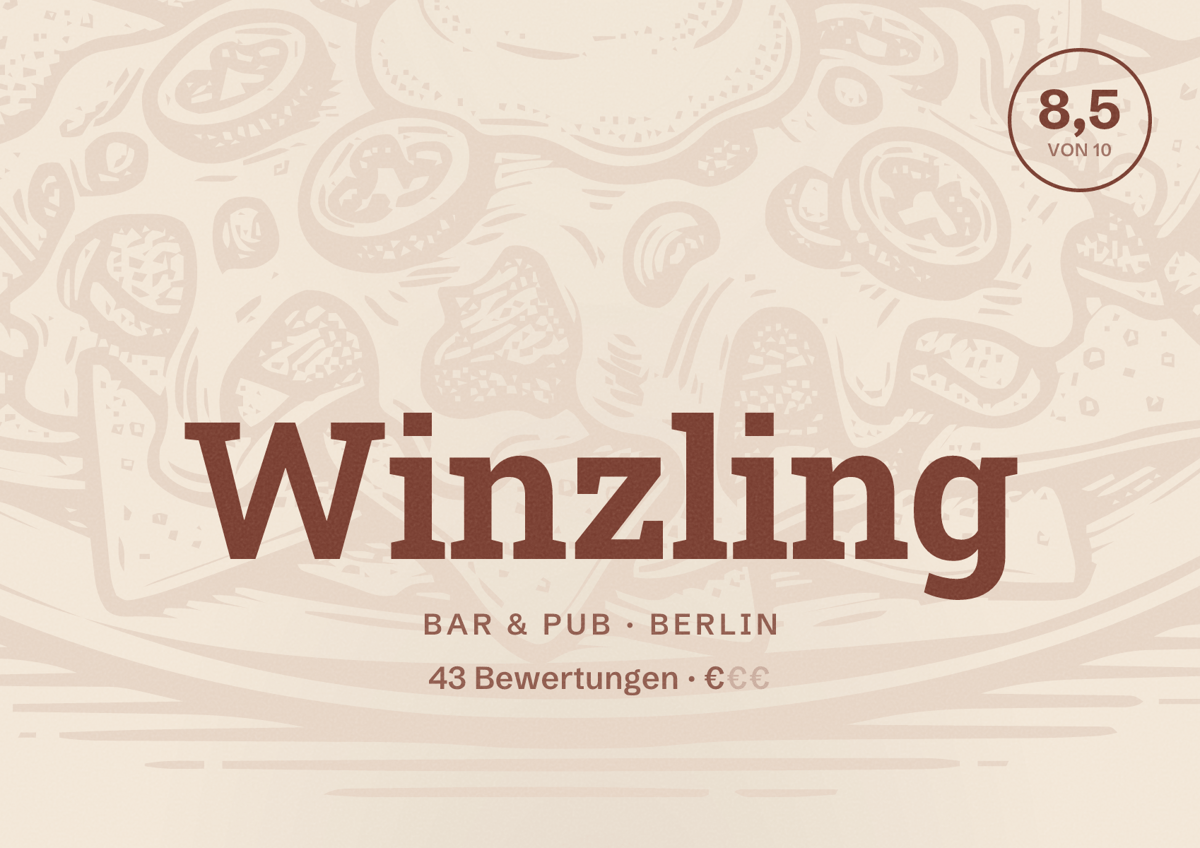 Illustriertes Poster von Winzling, Bar & Pub in Berlin: Bewertung 8,5 von 10 aus 43 Bewertungen, Preisniveau €