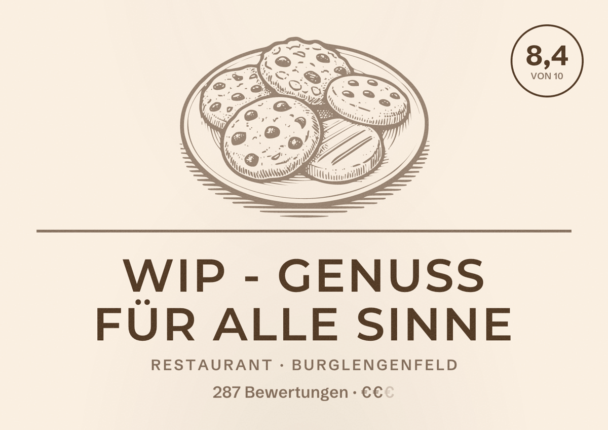 Illustriertes Poster von WIP - Genuss für alle Sinne, Restaurant in Burglengenfeld: Bewertung 8,4 von 10 aus 287 Bewertungen, Preisniveau €€