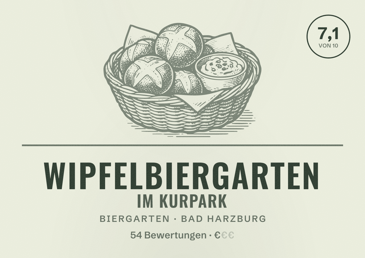 Illustriertes Poster von Wipfelbiergarten im Kurpark, Biergarten in Bad Harzburg: Bewertung 7,1 von 10 aus 54 Bewertungen, Preisniveau €