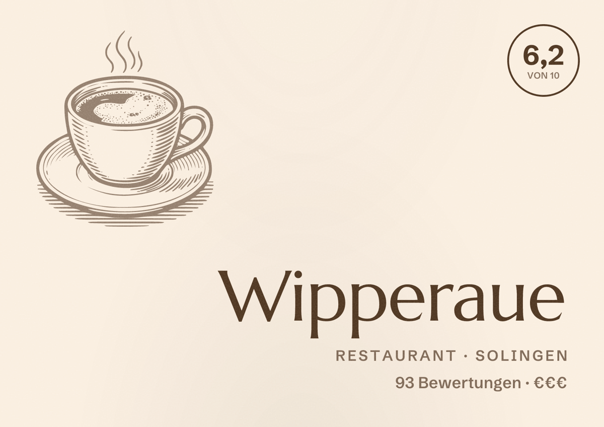 Illustriertes Poster von Wipperaue, Restaurant in Solingen: Bewertung 6,2 von 10 aus 93 Bewertungen, Preisniveau €€€