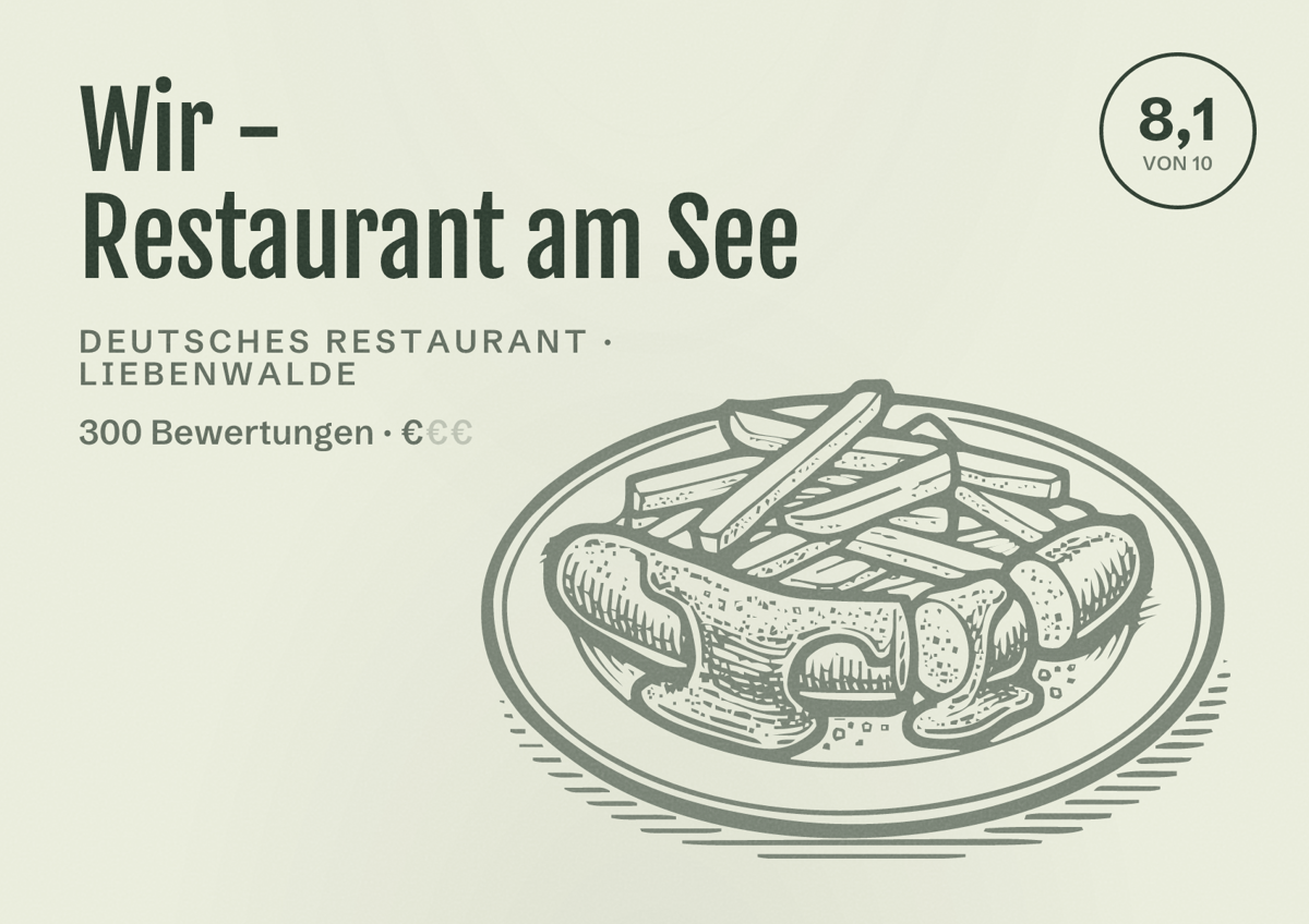 Illustriertes Poster von Wir - Restaurant am See, Deutsches Restaurant in Liebenwalde: Bewertung 8,1 von 10 aus 300 Bewertungen, Preisniveau €