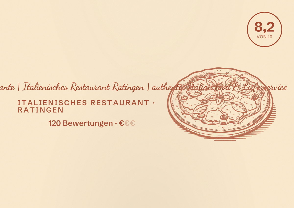 Illustriertes Poster von Wir sind RIZZI IL Ristorante | Italienisches Restaurant Ratingen | authentic Italian food & Lieferservice, Italienisches Restaurant in Ratingen: Bewertung 8,2 von 10 aus 120 Bewertungen, Preisniveau €
