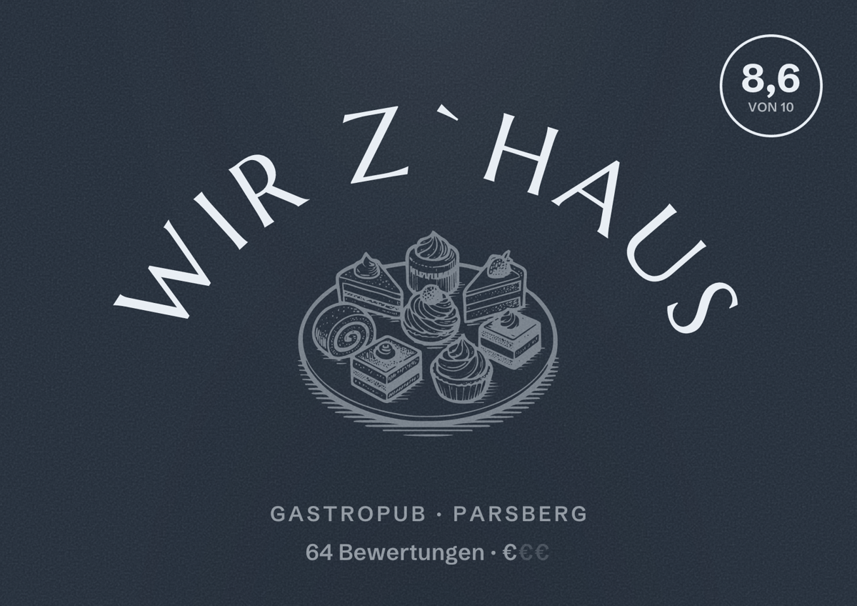 Illustriertes Poster von Wir z`Haus, Gastropub in Parsberg: Bewertung 8,6 von 10 aus 64 Bewertungen, Preisniveau €