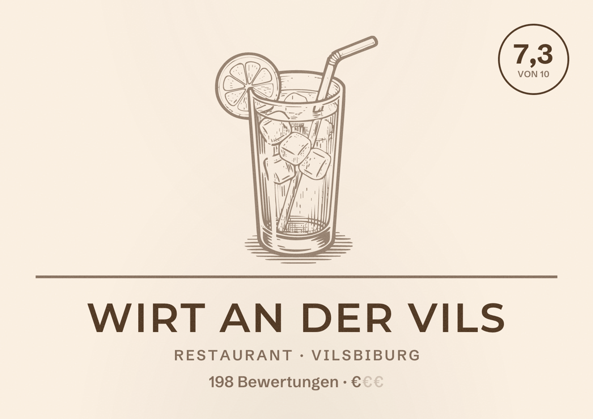 Illustriertes Poster von Wirt an der Vils, Restaurant in Vilsbiburg: Bewertung 7,3 von 10 aus 198 Bewertungen, Preisniveau €