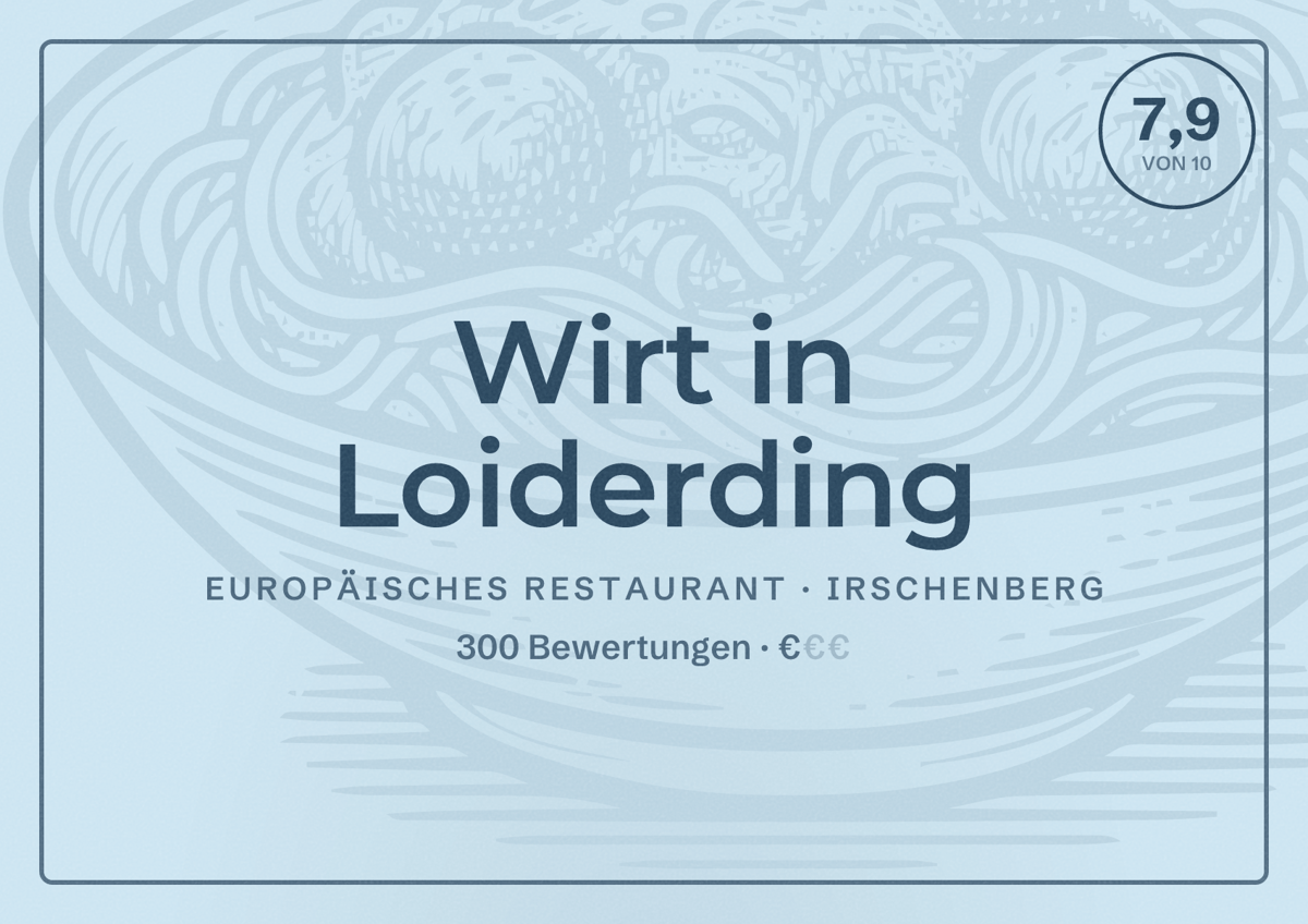 Illustriertes Poster von Wirt in Loiderding, Europäisches Restaurant in Irschenberg: Bewertung 7,9 von 10 aus 300 Bewertungen, Preisniveau €