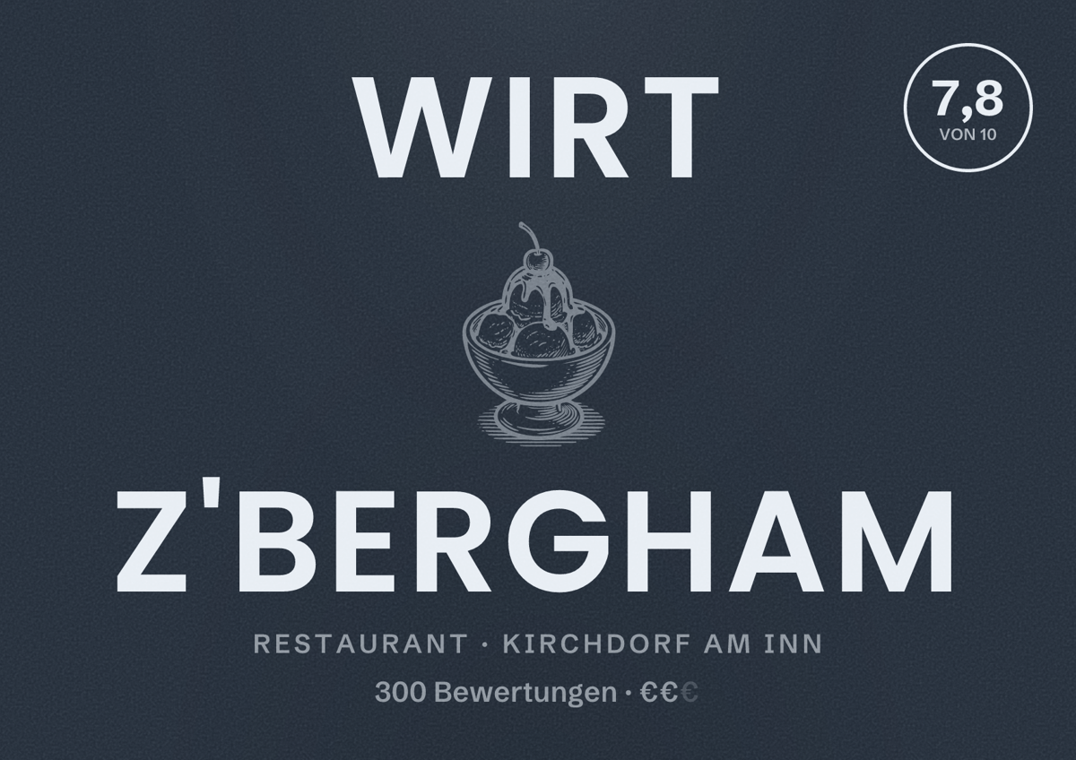 Illustriertes Poster von Wirt z'Bergham, Restaurant in Kirchdorf am Inn: Bewertung 7,8 von 10 aus 300 Bewertungen, Preisniveau €€